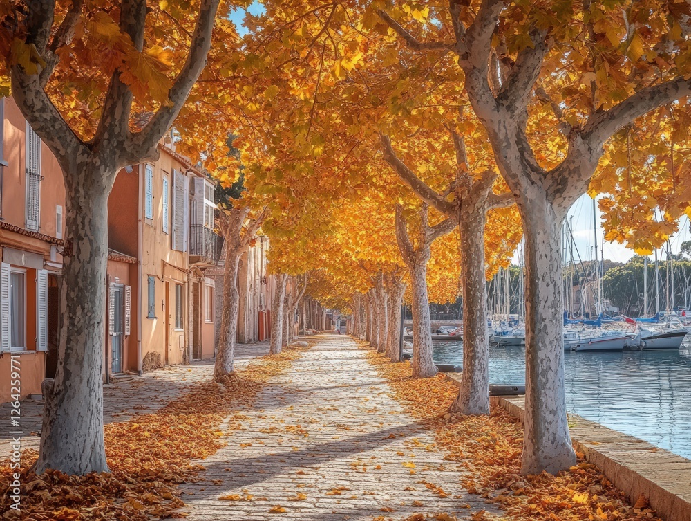 Naklejka premium Autumnal walkway along canal with colorful trees and buildings.
