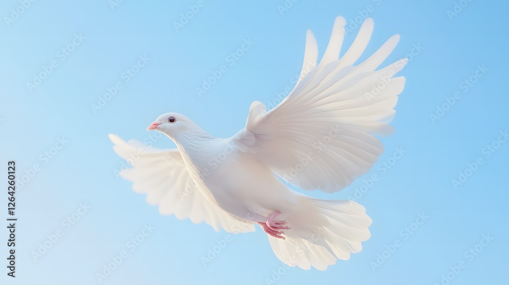 White dove flying in clear blue sky, symbolizing peace, freedom, and hope, with serene and tranquil atmosphere, representing harmony and unity White dove flying in clear blue sky, symbolizing peace, freedom, and hope, with serene and tranquil atmosphere, representing harmony and unity