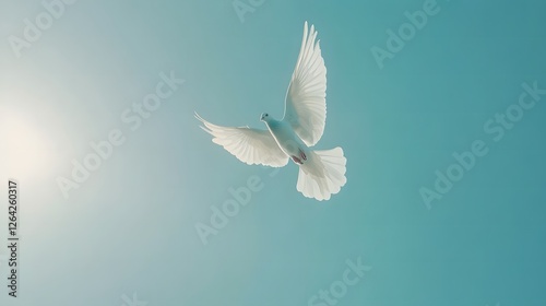 Wallpaper Mural White dove flying in clear blue sky, symbolizing peace, freedom, and hope, with serene and tranquil atmosphere, representing harmony and unity Torontodigital.ca
