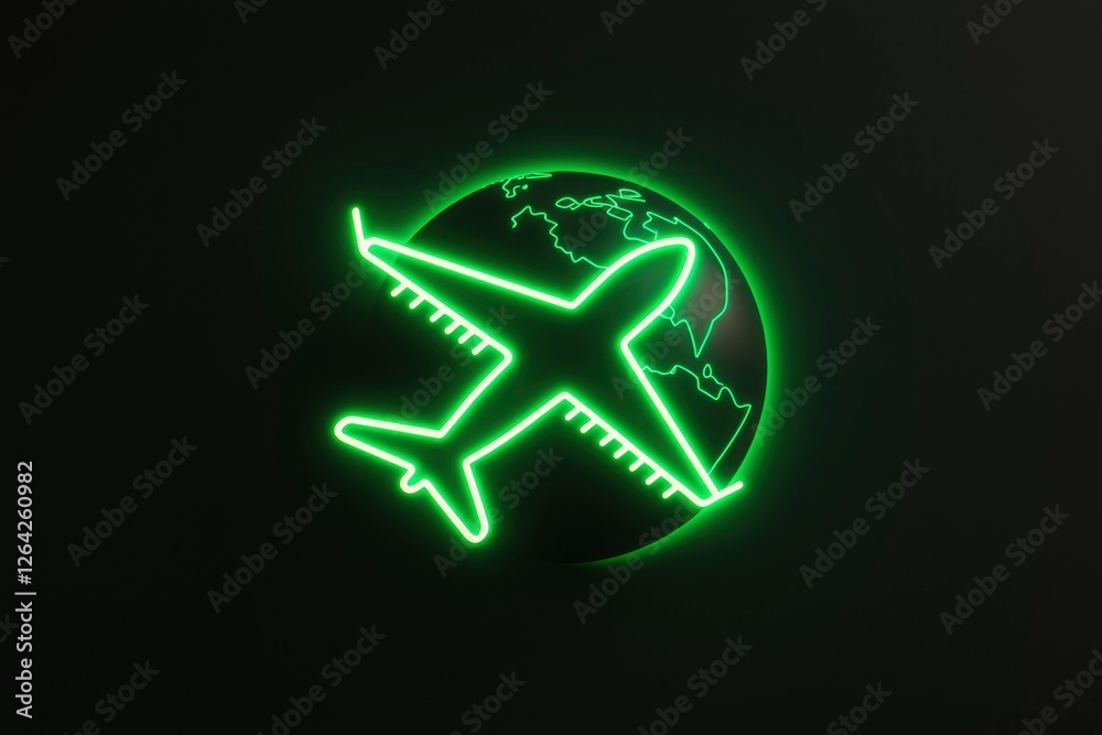 Green neon airplane over planet. Symbol of world travel in dark background. Mockup