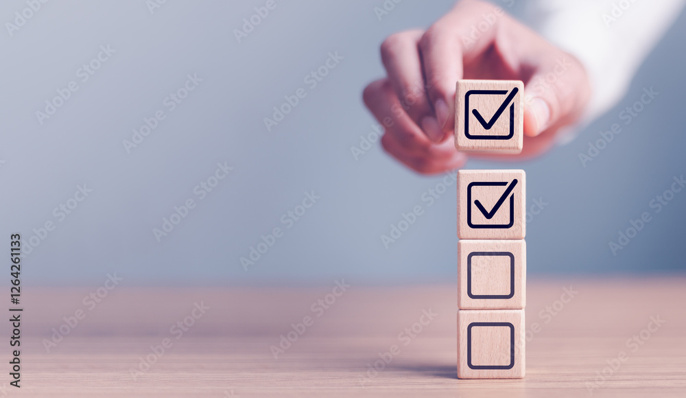 Checklist concept, business person checklist tick answer sign in checkbox, validation online questionnaire quality control document, man use pen to tick correct sign mark in checkbox form.