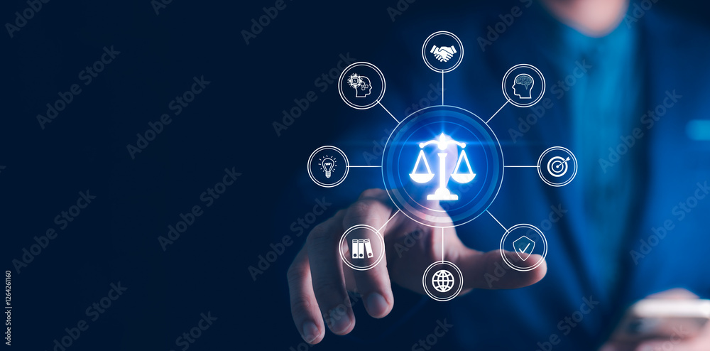 Business Ethics Concept. AI ethics or AI Law concept. Developing AI codes of ethics. Compliance, regulation, standard, business policy and responsibility. Machine learning algorithms.