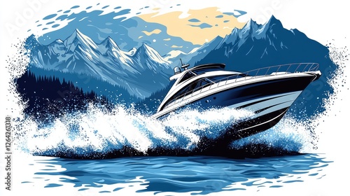 A sleek motorboat navigates through vibrant waves against a backdrop of majestic mountains