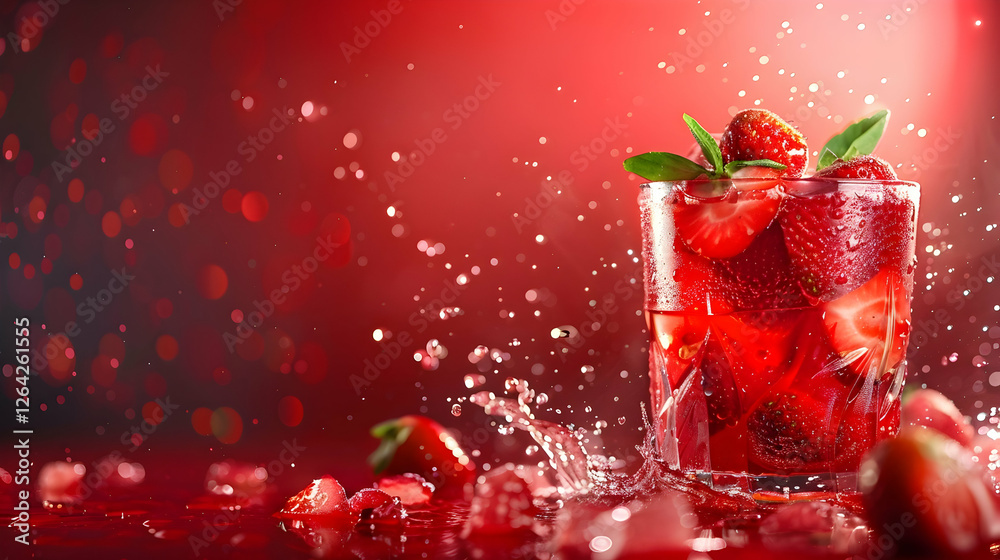 Refreshing strawberry drink splashing in a glass with vibrant red background and scattered berries Refreshing strawberry drink splashing in a glass with vibrant red background and scattered berries