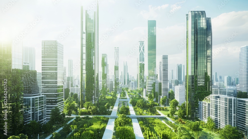 Fototapeta premium Modern Commercial District Featuring Raw Steel and Greenery Elements