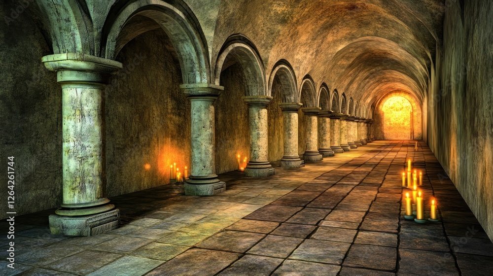 Fototapeta premium Dark stone corridor, candles, glowing exit, fantasy setting, game background