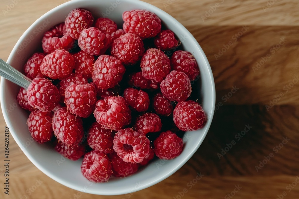 Overhead shot of fresh raspberries in a bowl on a wooden surface for healthy eating Overhead shot of fresh raspberries in a bowl on a wooden surface for healthy eating