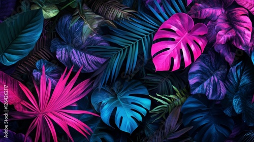 Neon Tropical Leaves: Vibrant Pink and Blue Monstera Delights