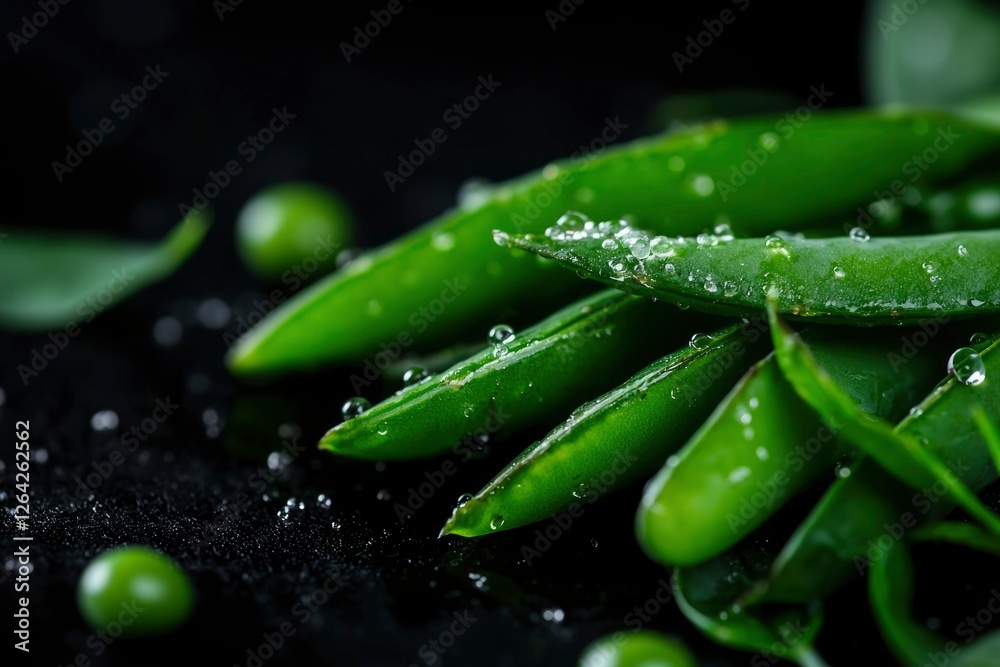 Fresh green peas with water droplets, on a black background for healthy recipes Fresh green peas with water droplets, on a black background for healthy recipes