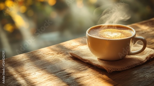 Warm cup of steaming coffee on wooden table with soft morning light and blurred background