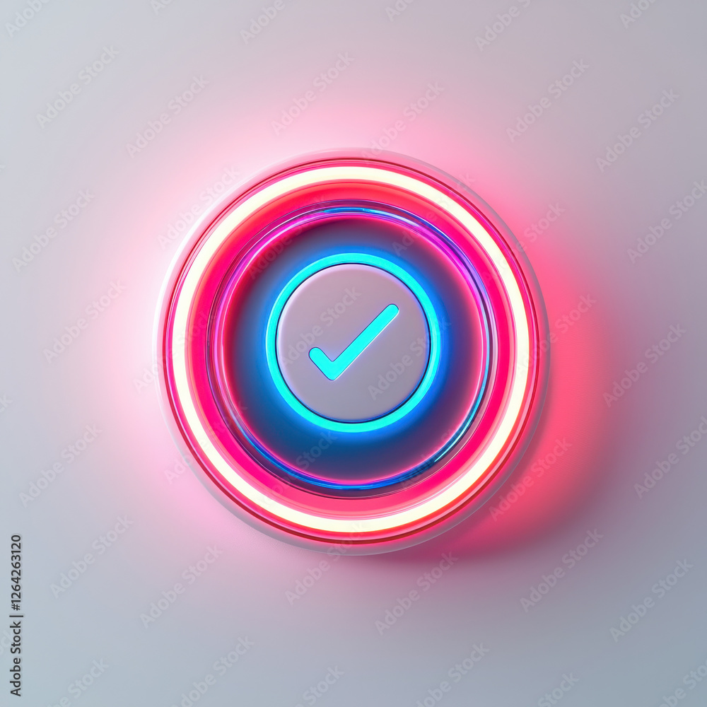 Glowing neon checkmark button with futuristic design