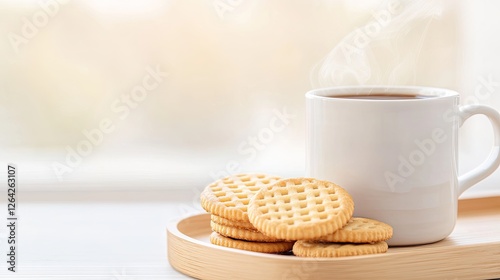 Warm cup of coffee with freshly baked cookies on a wooden tray, soft background ambiance