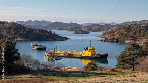 Yellow tugboat dredging fjord, coastal cleanup, hills background, environmental project