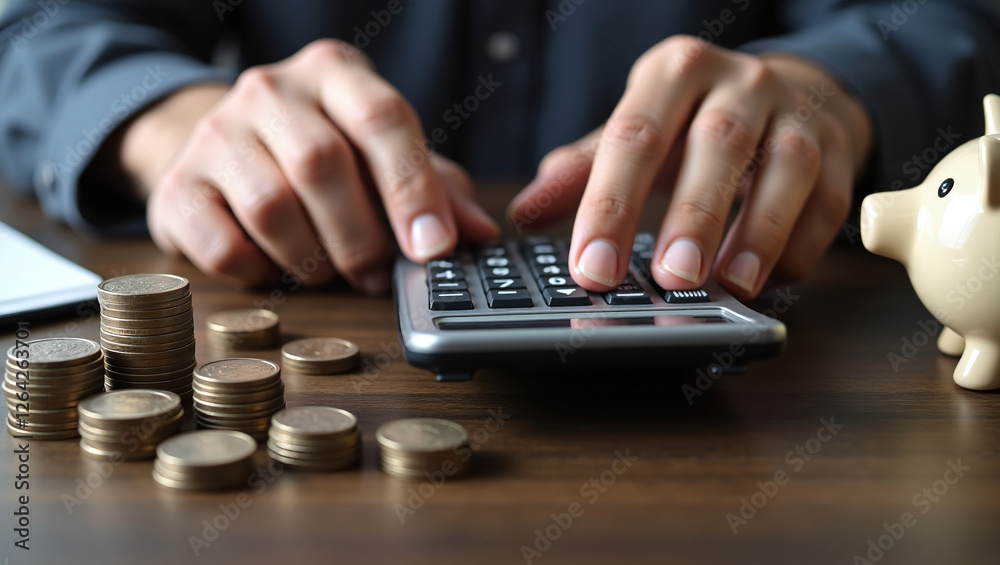 The person clicks on the calculator buttons. There are stacks of coins on the table in front of him, and to his right is a piggy bank in the shape of a pig. The person clicks on the calculator buttons. There are stacks of coins on the table in front of him, and to his right is a piggy bank in the shape of a pig.