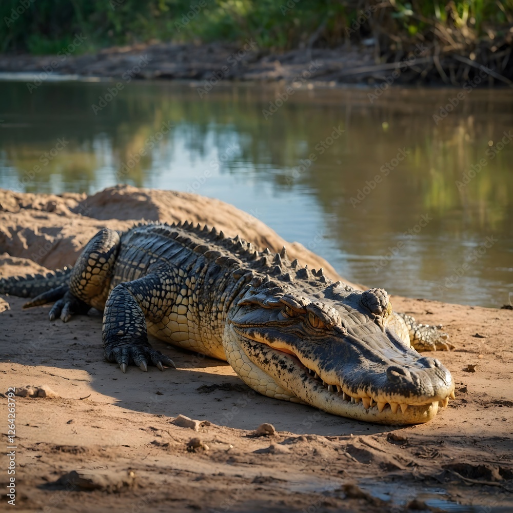 Family Bond: Crocodile and Offspring Resting on Riverbank in Tranquil Nature Family Bond: Crocodile and Offspring Resting on Riverbank in Tranquil Nature