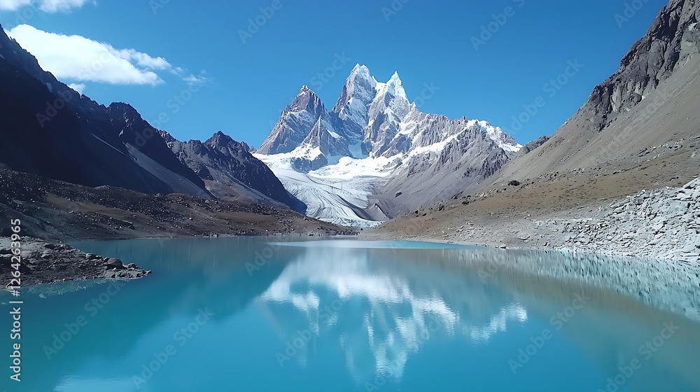 Serene Mountain Landscape with Turquoise Lake and Snow-Capped Peaks Under Blue Sky