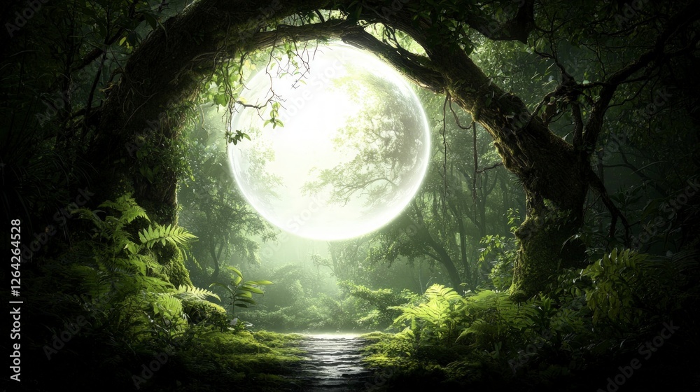 Naklejka premium Enchanting Forest Path Mystical Moon Orb Lush Greenery Nature Scene