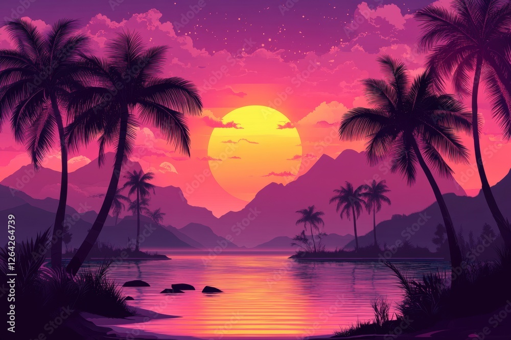 Obraz premium Vibrant sunset over tropical beach, palm trees silhouetted against the sky. Ideal for travel, vacation, or summer themed designs.