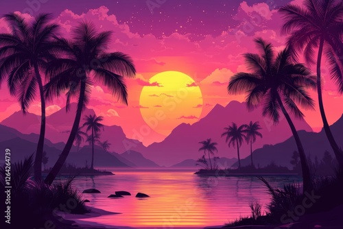 Vibrant sunset over tropical beach, palm trees silhouetted against the sky. Ideal for travel, vacation, or summer themed designs.