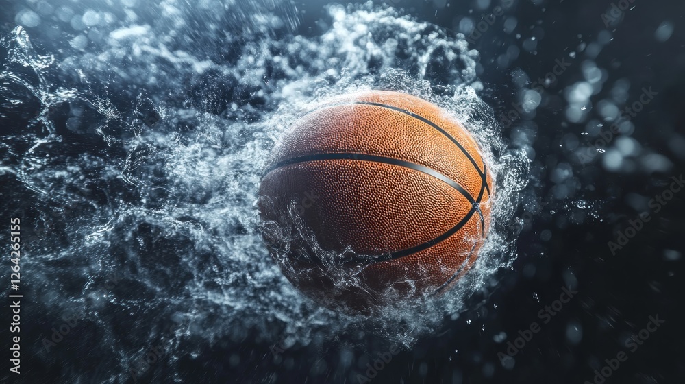 A basketball splashing through water, capturing motion and energy in sports. A basketball splashing through water, capturing motion and energy in sports.