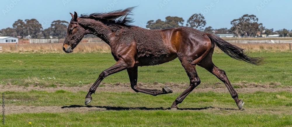 Bay horse galloping pasture, rural background, equine motion Bay horse galloping pasture, rural background, equine motion