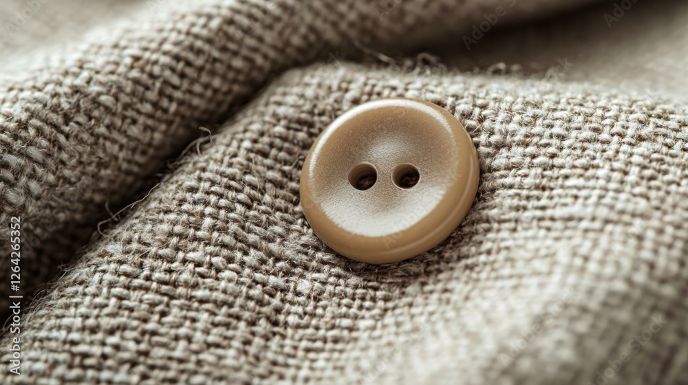 Beige Button Sewn to Light Brown Linen Fabric Beige Button Sewn to Light Brown Linen Fabric