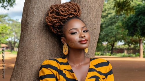 Fototapeta Naklejka Na Ścianę i Meble -  African woman, tree, park, portrait, beauty, fashion, outdoors, confident, serene, summer