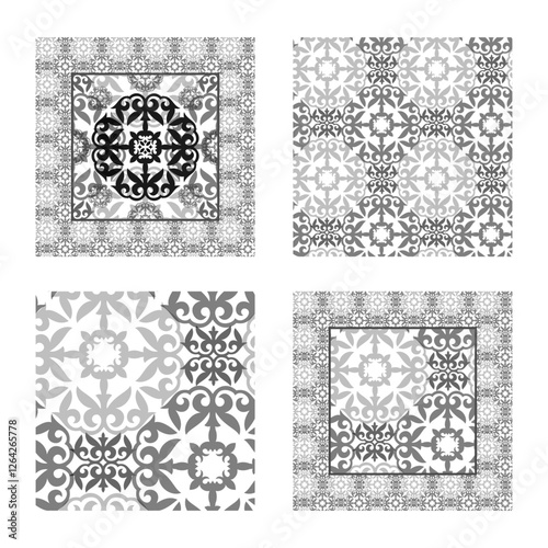 Set of 4 ceramic tiles, seamless patterns with decorative ornaments. Ceramic tile in talavera style. Azulejo tiles. Portuguese, Spain decor. Islam, Arabic, Indian, Ottoman motif. For ceramic tile