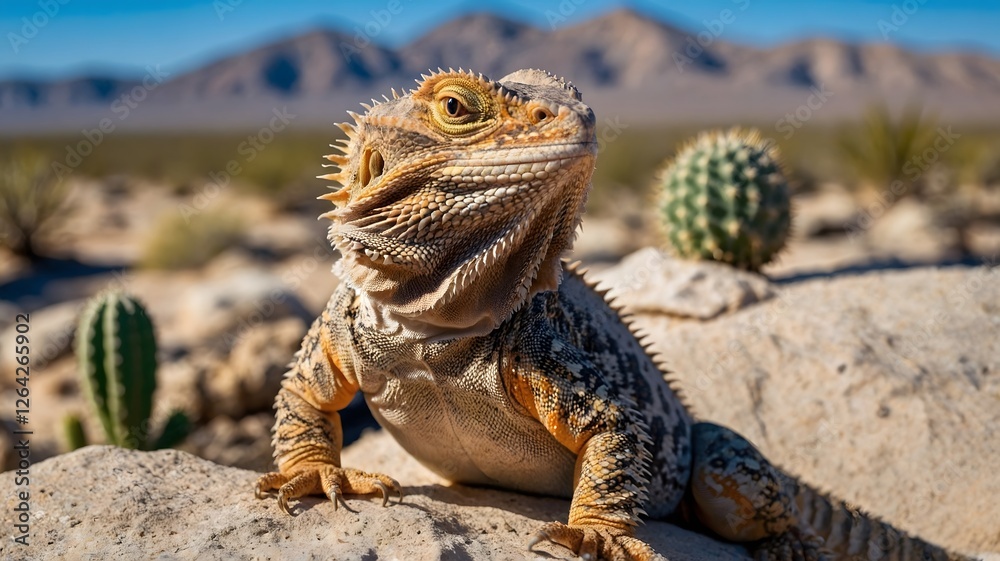 Fototapeta premium Desert Serenity: Bearded Dragon Sunbathing on Rock Amidst Cacti and Sand