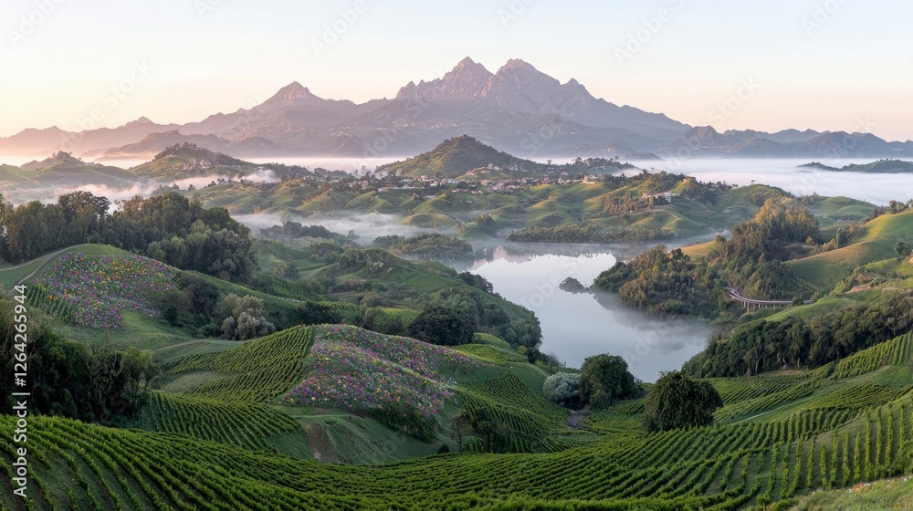 Fototapeta premium Serene Sunrise over Rolling Hills Vineyards and Misty Lake