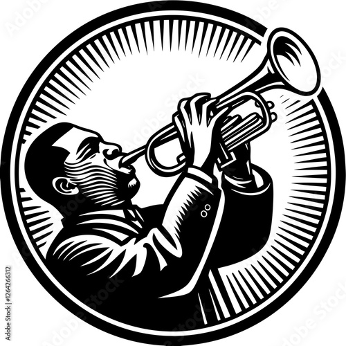 jazz musician playing the trumpet,  sketch engraving illustration. Scratch board imitation. Black and white image.