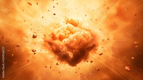 The image shows a large, fiery explosion with debris radiating outwards.