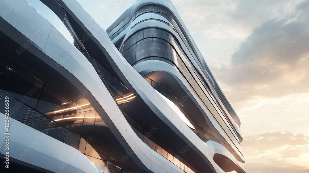 Curving Modern Building: Sleek Architectural Design at Sunset Curving Modern Building: Sleek Architectural Design at Sunset