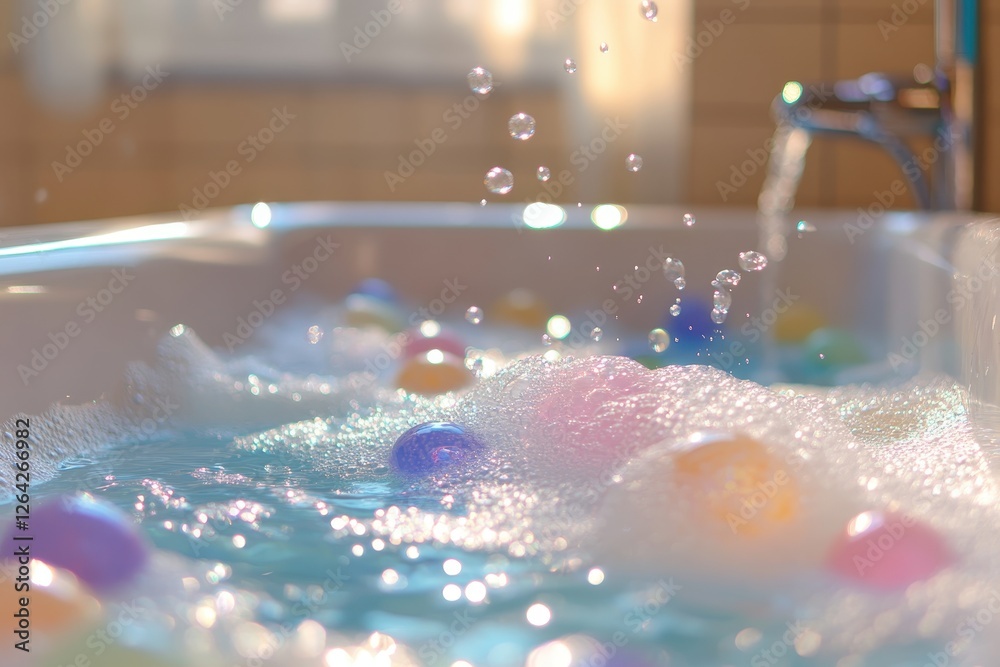 Bubble bath with colorful bath bombs, creating a relaxing spa-like atmosphere. Perfect for blogs, websites, or articles about relaxation, self-care, and bath products. Bubble bath with colorful bath bombs, creating a relaxing spa-like atmosphere. Perfect for blogs, websites, or articles about relaxation, self-care, and bath products.
