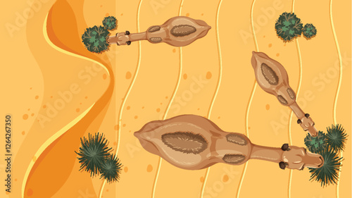 Desert Camels and Sparse Vegetation