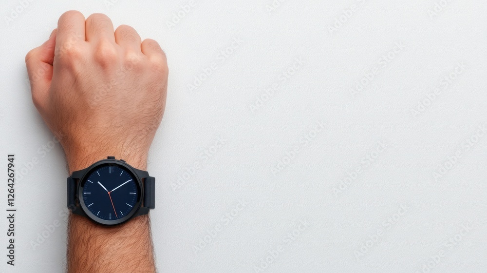 Fototapeta premium Stylish Black Watch on Male Wrist over Light Background, Modern Timepiece Displaying Elegance, Minimalism, and Sophisticated Design Features