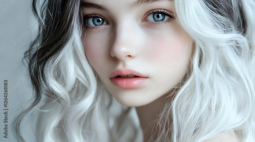 Obraz premium Young Woman with Bleached Hair and Expressive Blue Eyes on Light Background