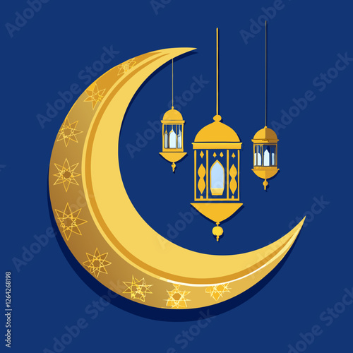 Ramadan Kareem Vector Art: Golden Crescent Moon with Geometric Lanterns and Starry Gradient Background