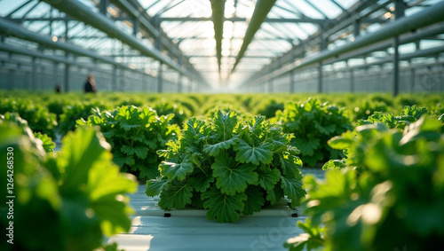 A close-up shot of vibrant, healthy hydroponic lettuce growing in an urban farm setup, emphasizing the advanced farming techniques and eco-friendly nature of the system