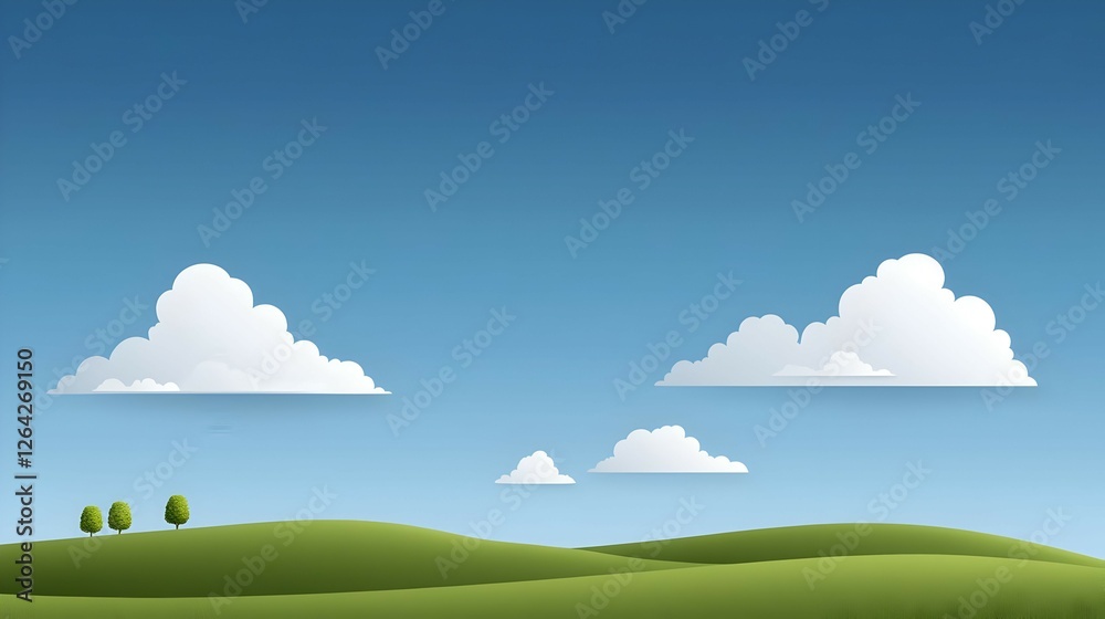 Fototapeta premium Serene Green Hill Landscape Under a Blue Sky with Puffy White Clouds