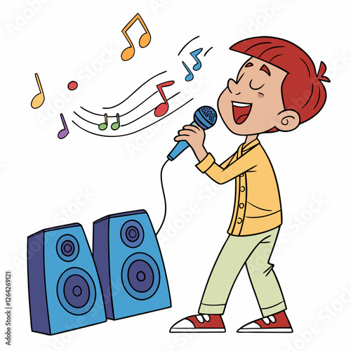 Joyful Boy Singing into Microphone with Speakers