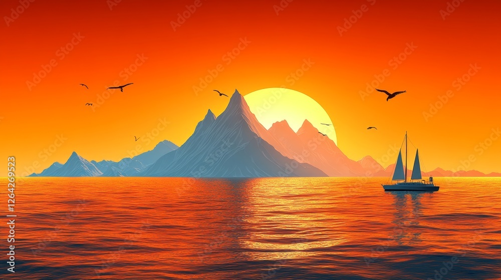 Fototapeta premium Nautical Pixel Art Landscape Featuring a Sailboat on the Ocean at Sunset with Distant Mountains and Birds in a Retro Style