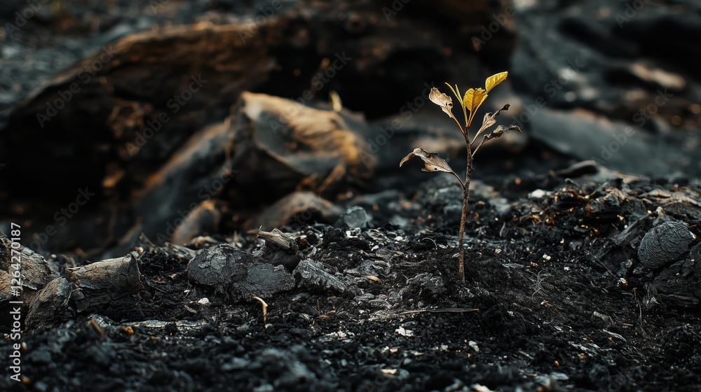 Seedling Sprouting from Ashes of Burned Ground Symbolizing Renewal Seedling Sprouting from Ashes of Burned Ground Symbolizing Renewal