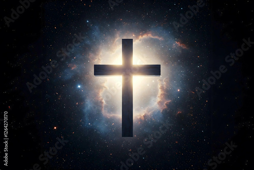 Glowing Cross Against Starry Nebula Background. Christian Symbol, Faith, Religion, Spirituality, Hope, Universe, Galaxy, Celestial Art...