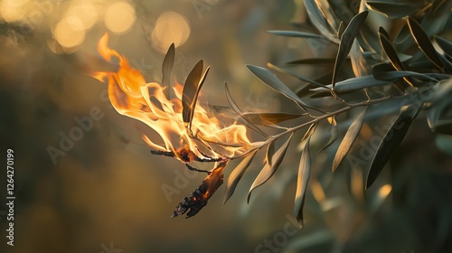 Symbolic Olive Branch Burning in Warm Glowing Flames