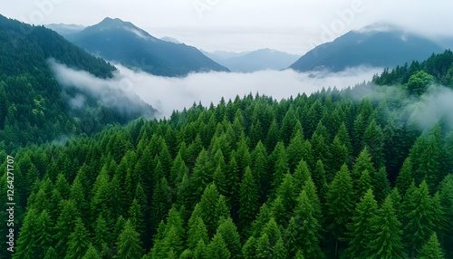 Forest landscape with fog and mountain backdrop for adventure travel and exploration generative AI
