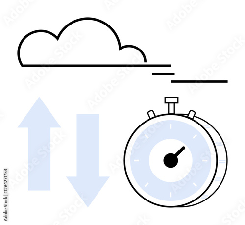 Stopwatch with upward and downward arrows signifying speed, cloud symbolizing data, and movement lines. Ideal for technology, cloud computing, networking, time management, efficiency, data transfer
