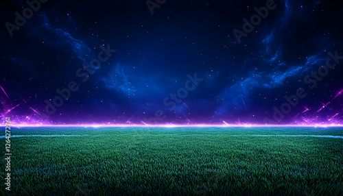 Futuristic soccer field on a night with cosmic clouds for sport entertainment generative AI