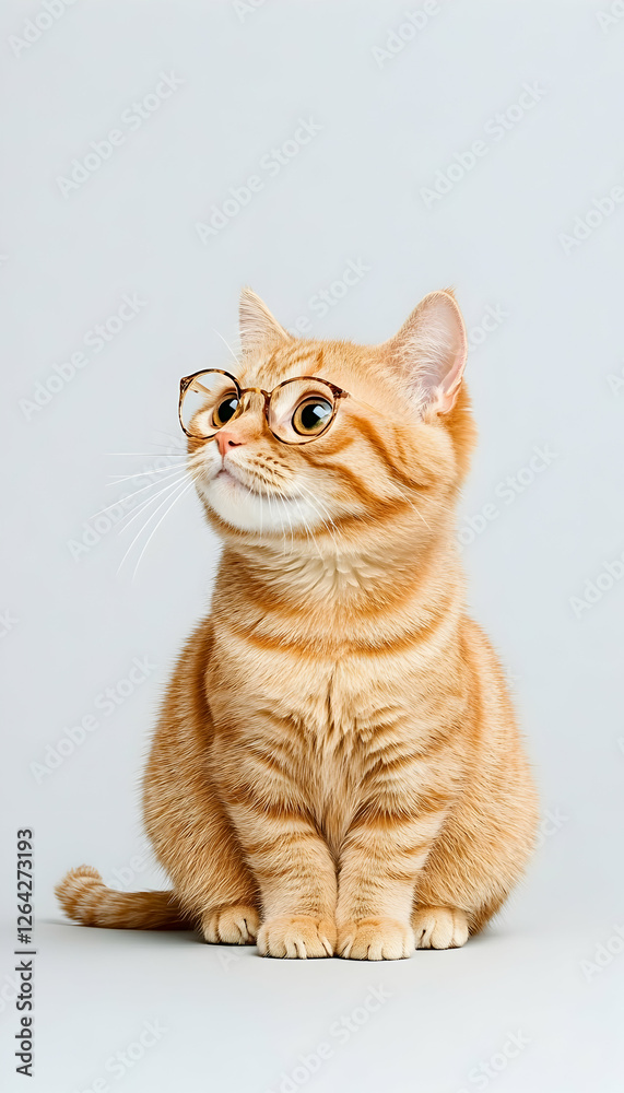 Ginger tabby cat wearing eyeglasses, looking up on plain background, pet portrait generative AI Ginger tabby cat wearing eyeglasses, looking up on plain background, pet portrait generative AI