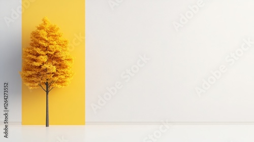 Bright Yellow Tree Against Minimalist White and Yellow Background in Modern Interior Design, Nature Meets Art for Contemporary Spaces, Autumn Aesthetic photo